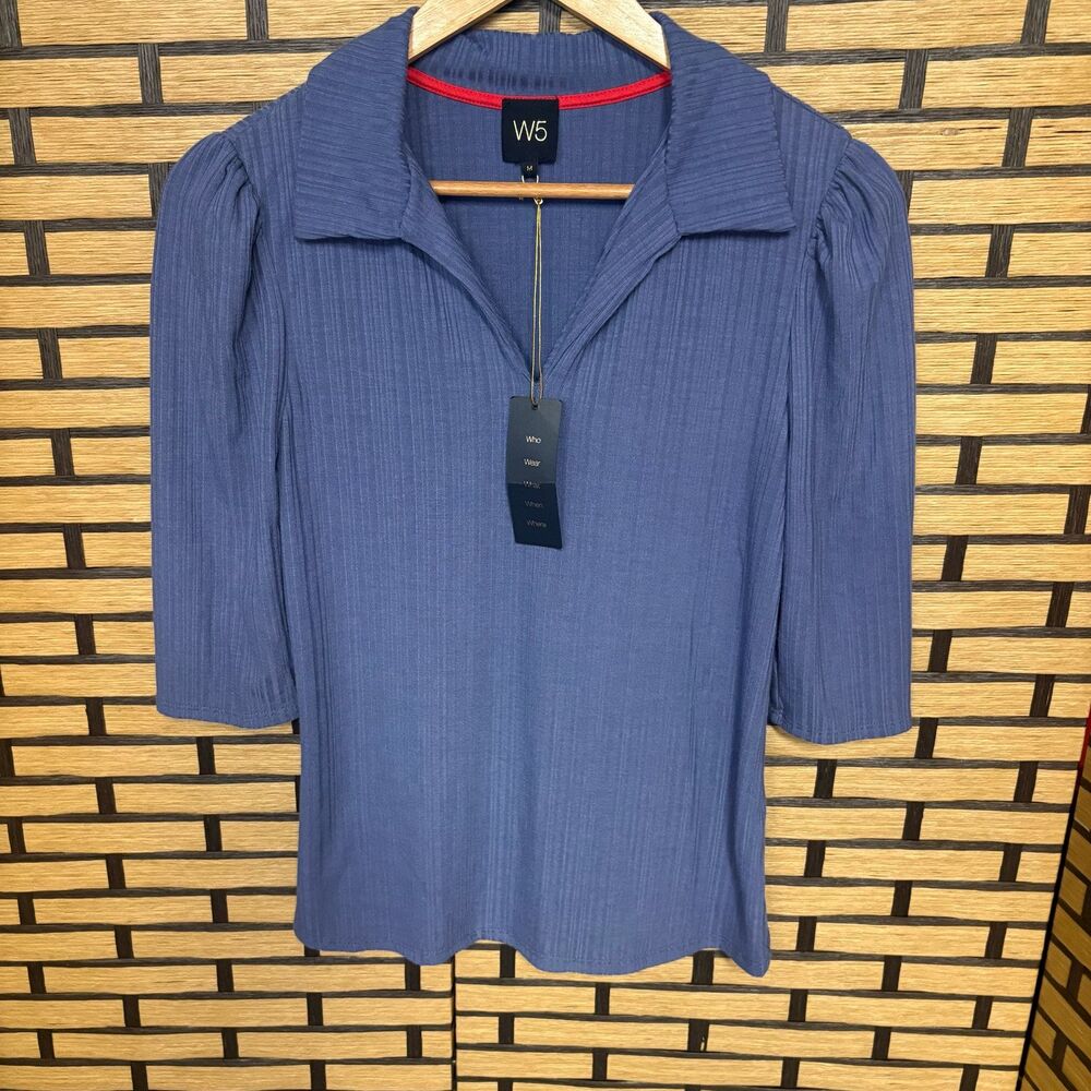 W5 Blue Ribbed Collar Top Size Medium